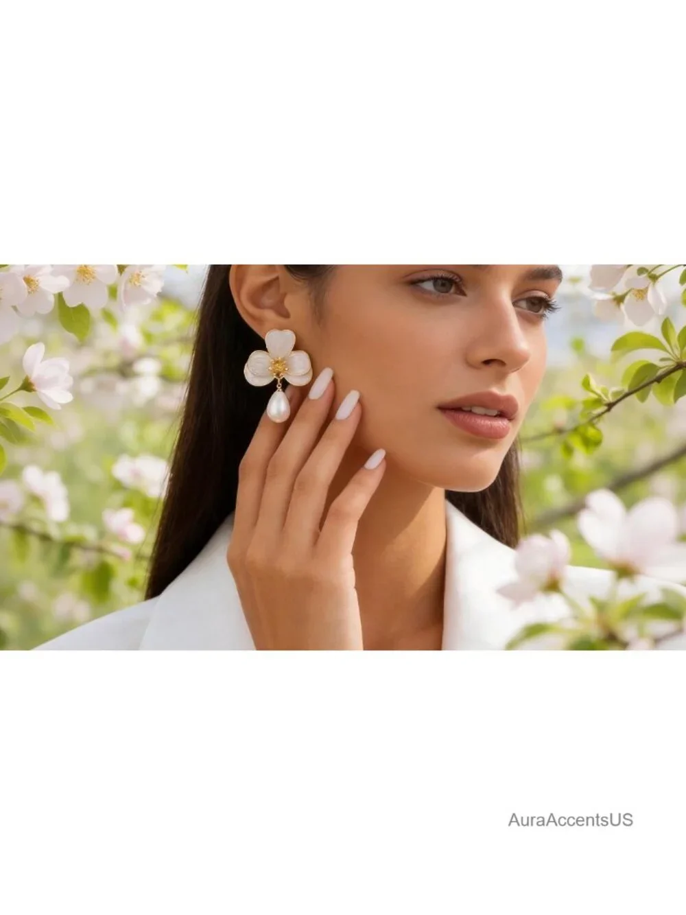 Flower Pearl Drop Earrings for Women Floral Statement Earrings French Wire